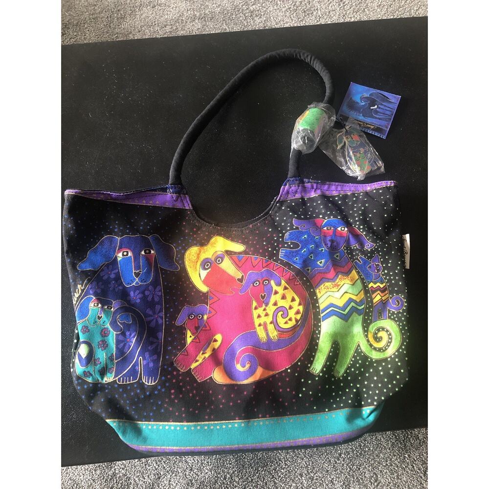 VTG Dogs & Doggies Laurel Burch Canvas Tote Multicolor Handbag With Keychain NWT